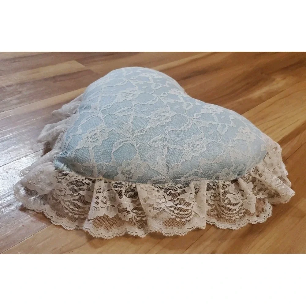 Heart Shaped Floral Lace Throw Pillow Light Blue Cottagecore‎ Victorian Romantic